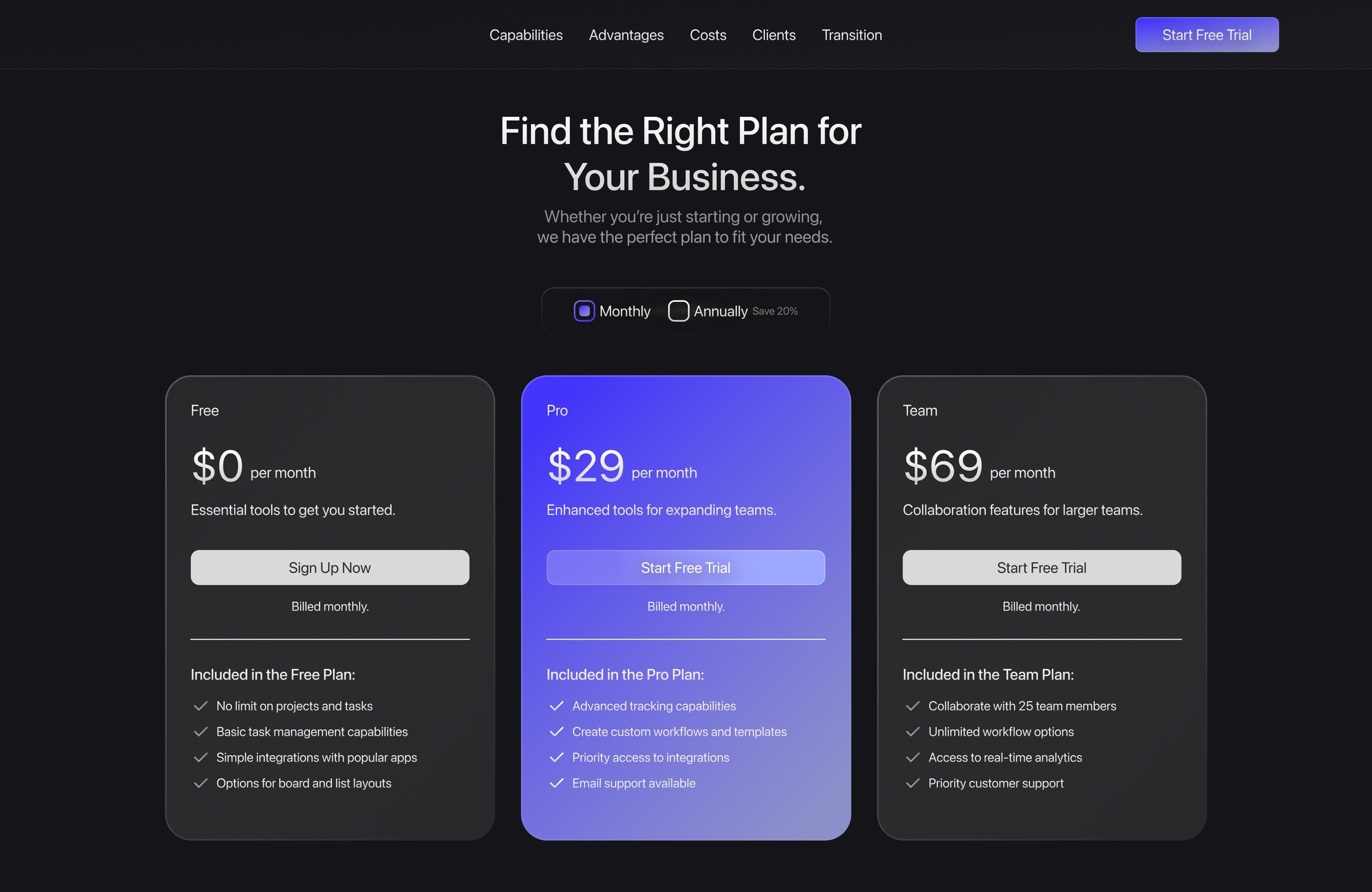 Pricing plan interface